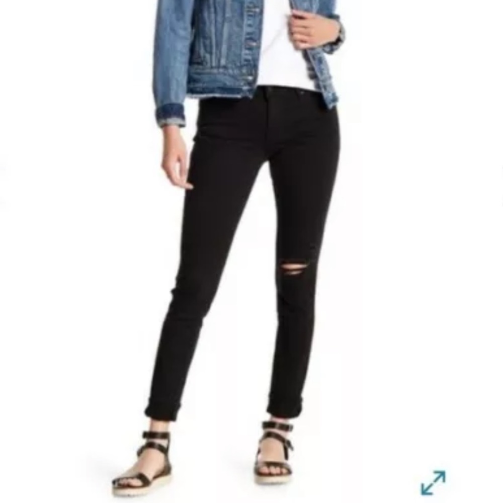 Levi’s 711 Skinny Black Denim Distressed Jeans Mid Rise Stretch Sz 32 Plus